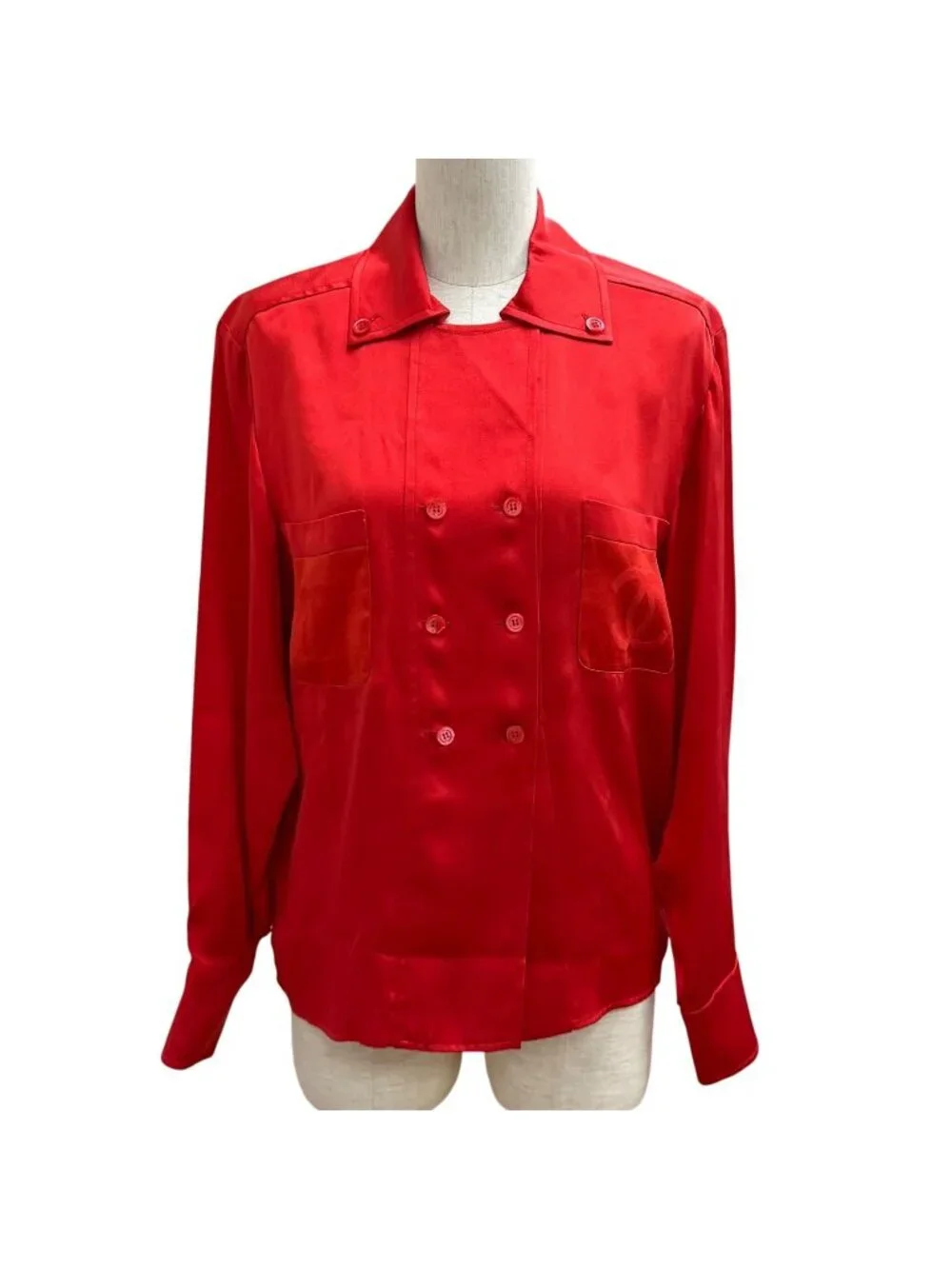 Chanel Vintage Silk 100% CC Logo Embroidery Long Sleeve Blouse Top Red 34